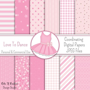 May include: A set of 10 digital papers featuring pink and white patterns, including stripes, polka dots, stars, hearts, gingham, and floral designs. The papers are perfect for scrapbooking, card making, and other craft projects. The text "Love To Dance" and "Coordinating Digital Papers JPEG Files" is included in the image.