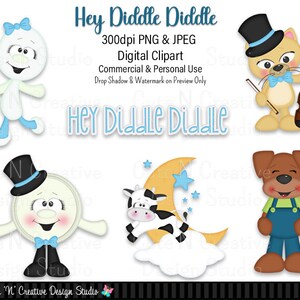 May include: A set of five digital clipart images featuring characters from the nursery rhyme "Hey Diddle Diddle". The characters include a cow, a cat playing the fiddle, a dog, the moon, and a little dish that ran away. The images are in a cartoon style and are perfect for use in crafts, scrapbooking, and other creative projects.