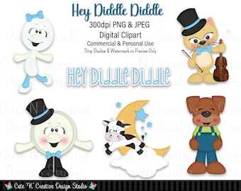 May include: A set of five digital clipart images featuring characters from the nursery rhyme "Hey Diddle Diddle". The characters include a cow, a cat playing the fiddle, a dog, the moon, and a little dish that ran away. The images are in a cartoon style and are perfect for use in crafts, scrapbooking, and other creative projects.