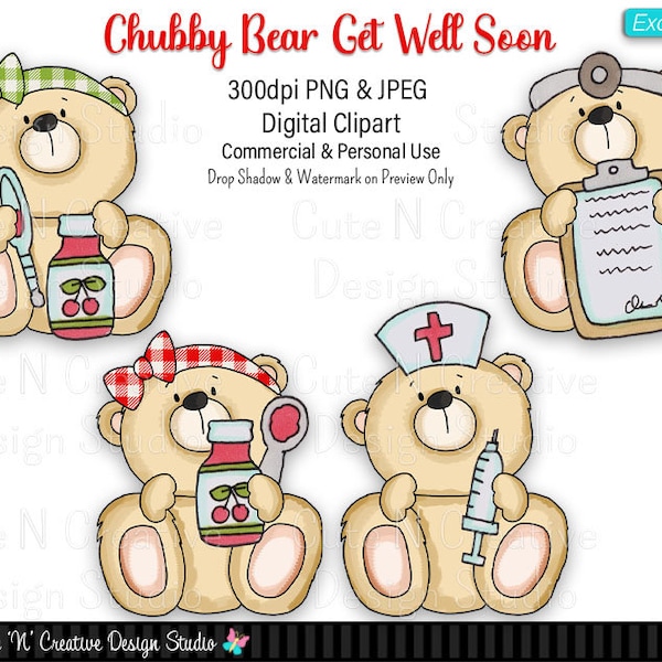 Chubby Bear Get Well Soon EXCLUSIVE Digital Clip Art Set ~ Graphics Whimsical Inklings Personal Commercial Use Scrapbooking Sublimation