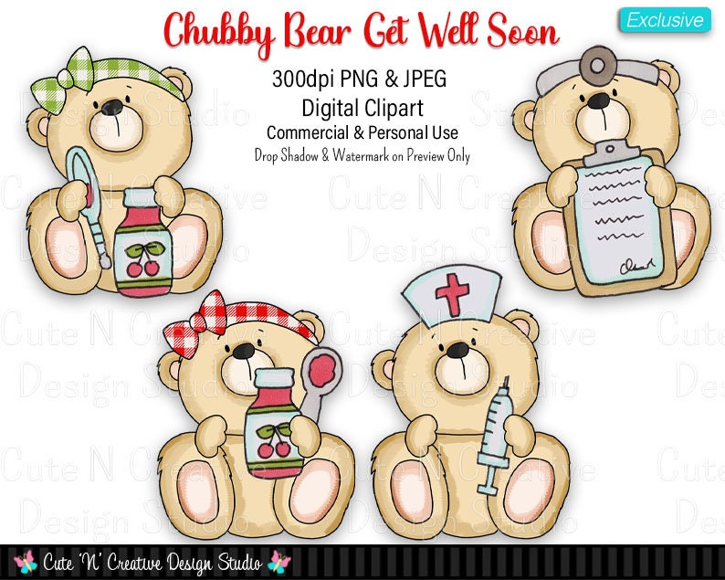 Chubby Bear Get Well Soon EXCLUSIVE Digital Clip Art Set 