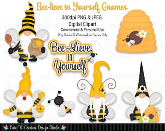 Bee-lieve in Yourself Gnomes Digital Clip Art Set ~ Graphics Kristi W Designs Personal Commercial Use Scrapbooking Clipart Sublimation