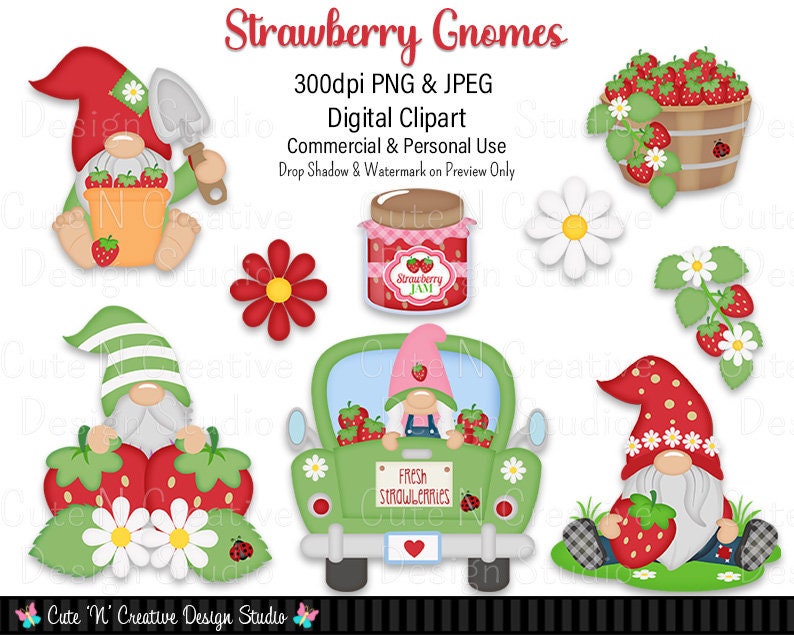 Strawberry Gnomes Digital Clip Art Set Graphics Kristi W Designs