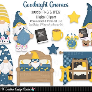 May include: A set of digital clipart featuring gnomes in various bedtime scenes. The gnomes are wearing pajamas and holding items like books, teddy bears, and a lantern. The clipart also includes a bed, a window, a star, a cup of coffee, and an alarm clock. The text "Goodnight Gnomes" is at the top of the image.