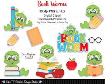 Book Worms Digital Clip Art Set ~ Graphics Kristi W Designs Personal Commercial Use Scrapbooking Clipart Sublimation