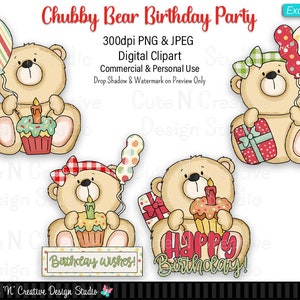 Chubby Bear Birthday Party EXCLUSIVO Digital Clip Art Set ~ Gráficos caprichosos Inklings Uso comercial personal Scrapbooking Sublimación