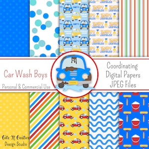 Car Wash Boys Coordinating Digital Paper Pack ~ Graphics Kristi W Designs Personal & Commercial Use Scrapbooking Clipart