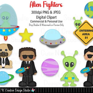 Puede incluir: Una colección de imágenes prediseñadas digitales con diseños temáticos de extraterrestres. Incluye un extraterrestre verde en una nave espacial, una estrella amarilla, un pug con traje y agentes con trajes negros. El texto "Alien Fighters" y "Entering Area 51" también son visibles.