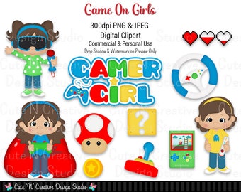 May include: A digital clipart set featuring a gamer girl theme. The set includes a girl wearing a headset, a girl holding a game controller, a girl holding a joystick, a steering wheel, a question mark block, a mushroom, a coin, a game console, and the words "Gamer Girl".
