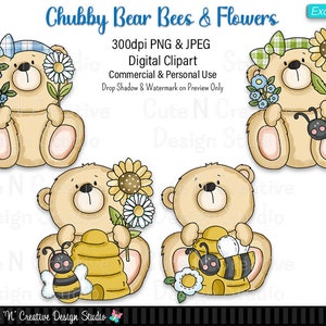 Chubby Bear Bees & Flowers EXCLUSIVO Digital Clip Art Set ~ Gráficos Caprichosos Inklings Uso comercial personal Scrapbooking Sublimación