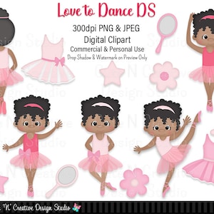 May include: Digital clipart set featuring a Black ballerina in various poses, wearing a pink tutu and pink leotard. The set also includes a pink flower, a star, a music note, and a hand mirror.