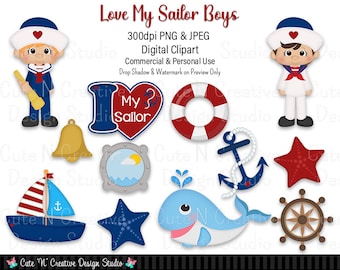 Puede incluir: Un conjunto de clipart digital con temática de marinero. El conjunto incluye un marinero, un salvavidas, un barco, una ballena, un ancla, una estrella, una campana, un ojo de buey, un timón y un corazón con el texto "Amo a mi marinero".