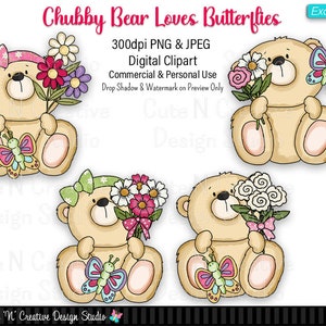 Chubby Bear Loves Butterflies EXCLUSIF Digital Clip Art Set ~ Graphiques Fantaisie Inklings Personal Commercial Use Scrapbooking Sublimation