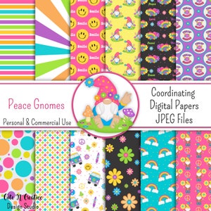 Peace Gnomes Coordinating Digital Paper Pack ~ Graphics Kristi W Designs Personal & Commercial Use Scrapbooking Clipart