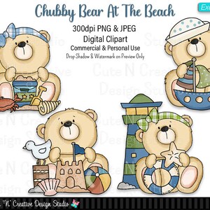 Chubby Bear At The Beach EXCLUSIF Digital Clip Art Set ~ Graphics Fhimsical Inklings Personal Commercial Use Scrapbook Clipart Sublimation