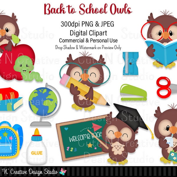 Back to School Owls Digital Clip Art Set ~ Graphics Kristi W Designs Personal Commercial Use Scrapbooking Clipart Sublimation