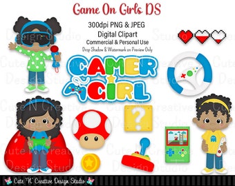 May include: A digital clipart set featuring a girl gamer with a variety of gaming icons, including a steering wheel, a question mark block, a mushroom, a coin, a joystick, a game console, and a heart meter. The text "Game On Girls DS" and "Gamer Girl" are also included.