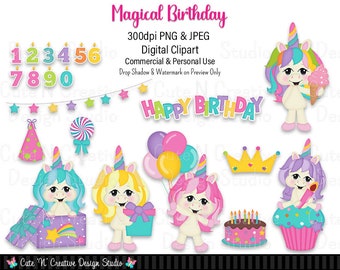 Magical Birthday Digital Clip Art Set ~ Graphics Kristi W Designs Party Commercial Use Rainbow Unicorn Clipart Sublimation