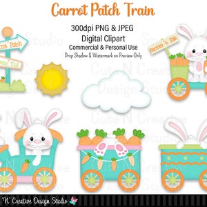 May include: A set of digital clipart images featuring a cartoon bunny rabbit pulling a train of three cars. The train cars are decorated with carrots and have a turquoise and orange color scheme. The bunny is wearing a pink bow and has a white fluffy tail. The train is traveling through a sunny landscape with a cloud in the sky. The text "Carrot Patch Train" is at the top of the image.