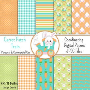 Op de afbeelding: Een set van 10 digitale papieren met een konijnen trein, wortels en verschillende patronen in oranje, groen en blauw. De papieren zijn perfect voor knutsel- en scrapbooking projecten.