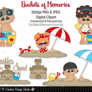 May include: Digital clipart set of children playing on the beach. The set includes a girl with a red and white polka dot swimsuit, a boy with blue swim trunks, a girl with a colorful swimsuit, and a boy with no shirt. The set also includes a red and white striped umbrella, a blue and white striped umbrella, a sandcastle, a bucket and shovel, and a crab.