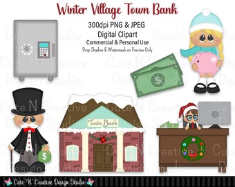 Winter Village Town Bank Digital Clip Art Set ~ Graphics Kristi W Designs Personal Commercial Use Scrapbook Clipart Sublimation