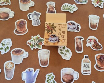 46 pcs japanese vintage cafe sticker pack: coffee, latte, esspresso | decorative journal stickers, planner stickers, scrapbooking