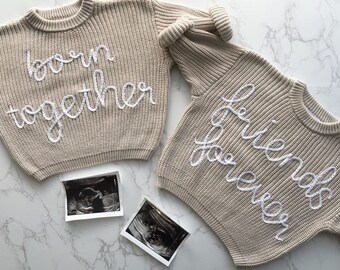 Twin Gift Set, Hand Embroidered Sweaters, Personalised Baby Twins, Oversized Cotton Sweater, Born Together Friends Forever, Bespoke Keepsake