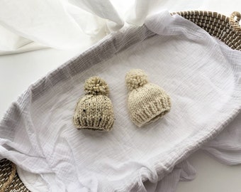 Newborn Twin Chunky Knitted Pom Pom Beanie, Wool Blend Baby Hat, Premie Baby Beanie, Tiny Baby NICU Warrior Knitted Beanie, Twin Baby Gift