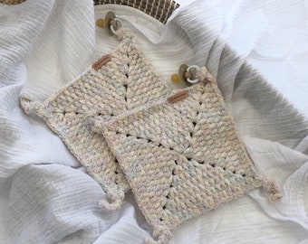 TWIN Chenille Crochet Lovely, Handmade Baby Blanket Gift, Twin Set Toddler Security Blanket, Dummy Clip, Pacifier Clip, Chunky Knit Blanket