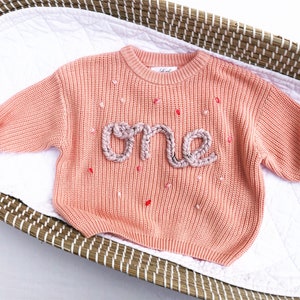 First Birthday Party Personalised Hand Embroidered Chunky Knitted Sweater, Cake Smash Outfit, Toddler Photoshoot Prop, Embroidery Sweater image 5