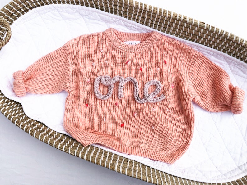 First Birthday Party Personalised Hand Embroidered Chunky Knitted Sweater, Cake Smash Outfit, Toddler Photoshoot Prop, Embroidery Sweater image 5