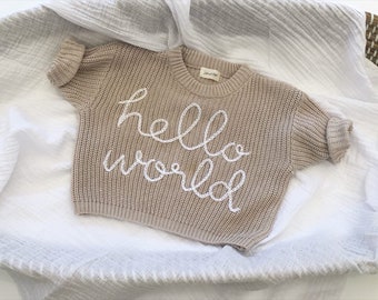 Hello World Baby Knitted Jumper, Birth Announcement Sweater, Cotton Hand Embroidered Sweater, Pregnancy Announcement, Gender Reveal