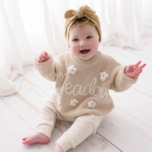 Hand Embroidered Personalised Baby and Kids Name Sweater, Oversized Chunky Knitted Cotton Pullover Gift, Custom Name Jumper for Toddler image 1