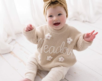 Hand Embroidered Personalised Baby and Kids Name Sweater, Oversized Chunky Knitted Cotton Pullover Gift, Custom Name Jumper for Toddler