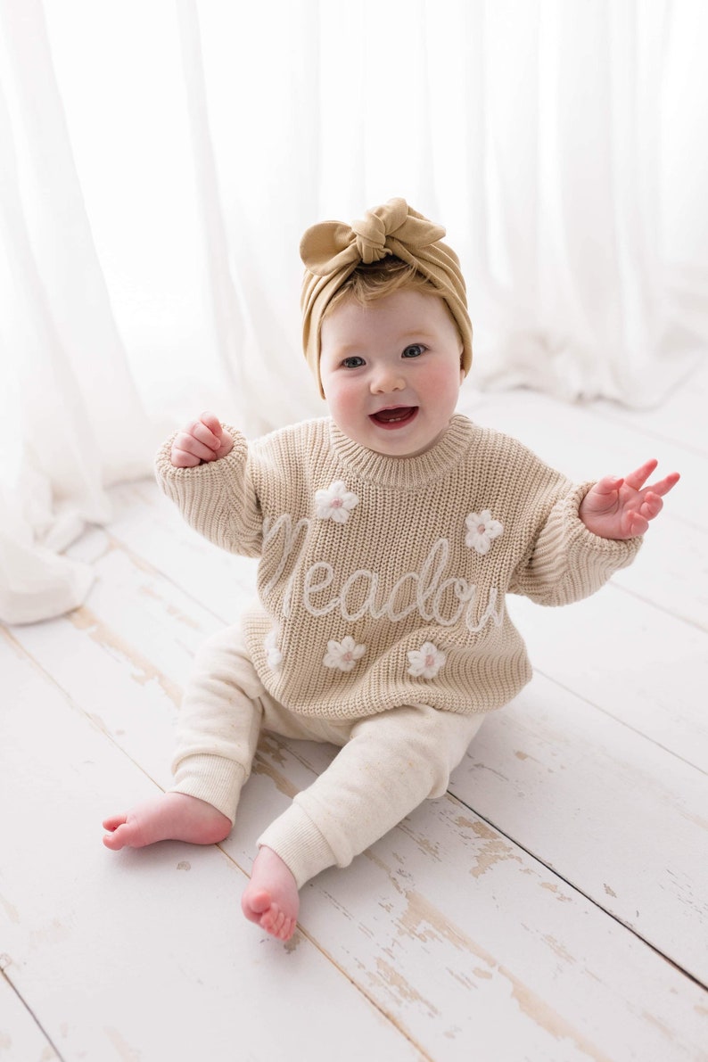 Hand Embroidered Personalised Baby and Kids Name Sweater, Oversized Chunky Knitted Cotton Pullover Gift, Custom Name Jumper for Toddler image 1