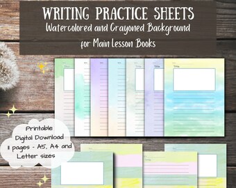 First Grade Writing Practice Sheets, Printable Main Lesson Book Pages, Blank Letter Book Watercolored and Crayoned Pages