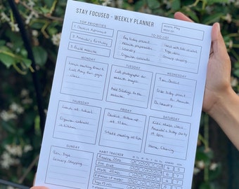 Stay Focused Weekly Planner, Printed Weekly Habit Tracker, Printed Tear off Notepad Planner, Ready to use Weekly Planner