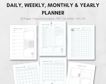 Daily, Weekly, Monthly, Yearly Planner | 23 pages | Life Organizing Planner, Printable | Pdf | Minimalist Easy to Print Life Agenda