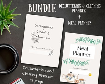 Decluttering & Cleaning Planner + Meal Planner -59 pages-Printable Decluttering Guide, Cleaning Checklist, Recipe Organizer