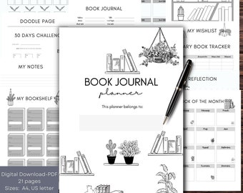 Book Journal Planner- 21 pages - Printable + Digital Reading Planner, Reading Log, Reading Tracker pdf, planner insert