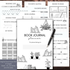 Book Journal Planner- 21 pages - Printable + Digital Reading Planner, Reading Log, Reading Tracker pdf, planner insert