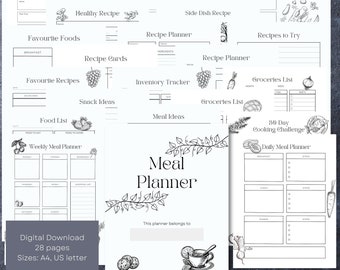 Planificador de comidas y lista de compras - 28 páginas - Planificador de comidas imprimible, organizador de cocina, diseño en blanco y negro, fácil de imprimir