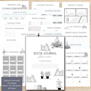 Digital + Printable Book Journal Planner, Printable Reading Planner, Reading Log, Reading Tracker pdf