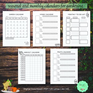 Puede incluir: Conjunto de calendarios de jardiner&iacute;a imprimibles con ilustraciones en blanco y negro. El conjunto incluye un calendario de jard&iacute;n, un calendario de verduras, una lista de tareas mensuales, un calendario de cosecha y un calendario de frutas. Cada calendario tiene un dise&ntilde;o de cuadr&iacute;cula con espacios para escribir.