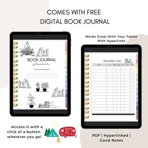 May include: A digital book journal planner with a black and white illustration of a bookshelf, plants, and a cat. The planner includes a reading log and a section for personalizing with a name. The text "COMES WITH FREE DIGITAL BOOK JOURNAL" is at the top of the image. The text "Works Great With Your Tablet With Hyperlinks" is at the top of the right side of the image. The text "PDF | Hyperlinked | Good Notes" is at the bottom of the right side of the image.