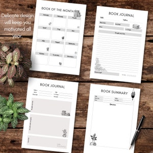 May include: Four printable pages for a book journal. The pages include a book of the month calendar, a book journal with space for title, author, start and end dates, thoughts and notes, and a rating, a book summary page with space for title, author, start and end dates, and synopsis, and a second book journal page with space for title, author, start and end dates, thoughts and notes, and a rating.