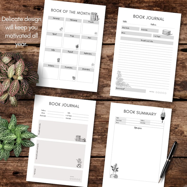 May include: Four printable pages for a book journal. The pages include a book of the month calendar, a book journal with space for title, author, start and end dates, thoughts and notes, and a rating, a book summary page with space for title, author, start and end dates, and synopsis, and a second book journal page with space for title, author, start and end dates, thoughts and notes, and a rating.