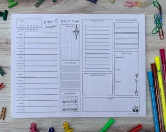 Daily Plan Notepad - Make It Happen | To Do List Notepad | Daily Schedule | Tear Off Notepad | Letter size Undated pages | desktop planner