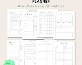 Planificador Diario, Semanal, Mensual, Anual / 22 páginas / Planificador Organizador de Vida, Imprimible / Pdf / Planificador de Comidas / Agenda de Vida Fácil de Imprimir
